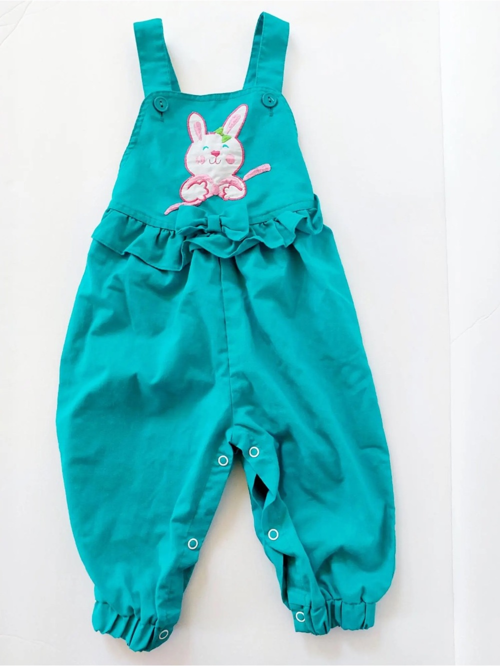 Vintage 90s Cuties by Judy Bunny Embroidered Overalls Teal 12 Months